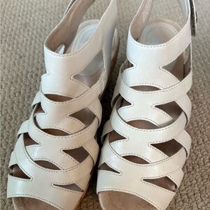 Dansko Cecily Ivory Leather Wedge Sandal with Crisscross Straps